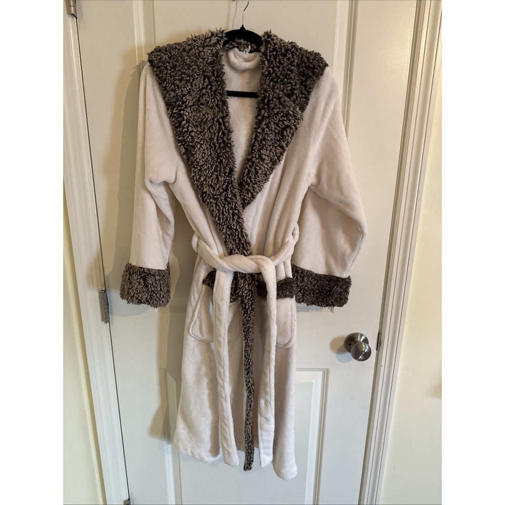 Pottery Barn Faux Fur Ombre Trim Unisex Robe Gray White Small 19" X 44"